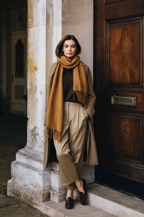 A woman wears a fine wool scarf layered over a tailored camel coat with straight-leg trousers and loafers, standing beside a historic library entrance
