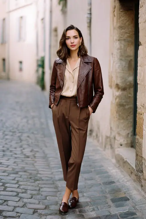 A woman wears a fitted brown leather jacket over a silk blouse with tailored trousers and loafers, standing along a historic European street, full-body fashion photography