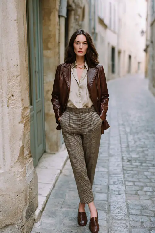 A woman wears a fitted brown leather jacket over a silk blouse with tailored trousers and loafers, standing along a historic European street, full-body fashion photography