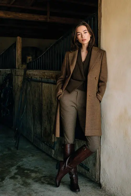A woman wears a heritage equestrian-style coat layered over tailored riding pants, fitted knit top, leather boots, standing near a stable estate, full-body fashion photography