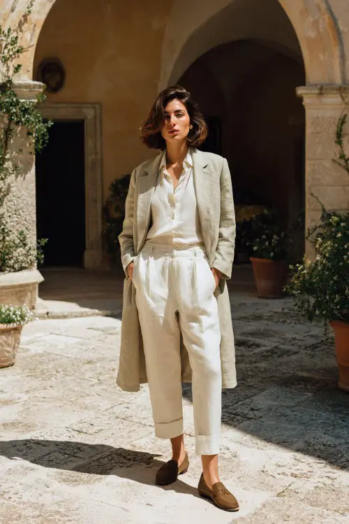 A woman wears a lightweight linen coat over tailored trousers and loafers, posing in a Mediterranean villa courtyard, full-body lifestyle fashion photography