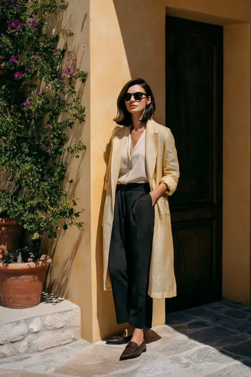 A woman wears a lightweight linen long coat over tailored trousers and loafers, posing in a Mediterranean villa courtyard, full-body lifestyle fashion photography 