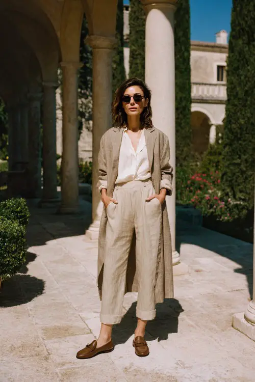 A woman wears a lightweight linen long coat over tailored trousers and loafers, posing in a Mediterranean villa courtyard, full-body lifestyle fashion photography