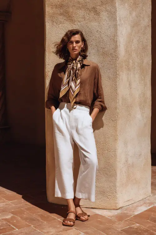 A woman wears a linen shirt with a lightweight scarf, white trousers, leather sandals, styled in a Mediterranean villa courtyard, full-body lifestyle fashion photography