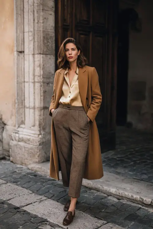 A woman wears a long camel coat over a silk blouse with tailored trousers and loafers, standing on a historic European street, full-body fashion photography 