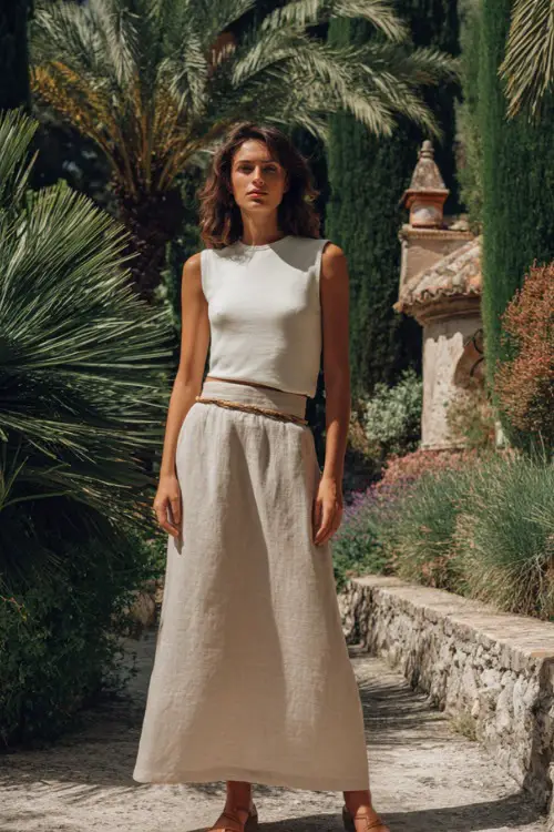 A woman wears a long linen skirt with a sleeveless knit top and leather sandals, standing in a Mediterranean garden, full-body summer fashion photography 