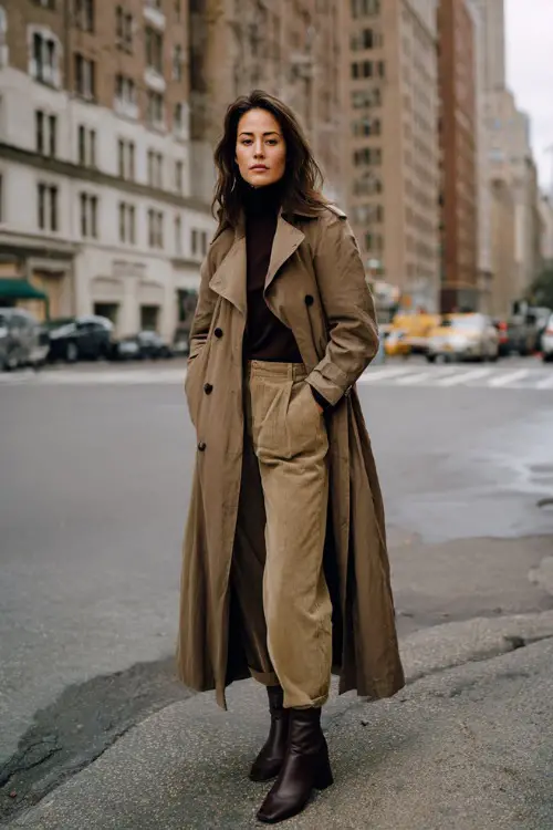 A woman wears a long trench coat layered over slim trousers and a turtleneck with Chelsea boots, photographed on a classic city avenue