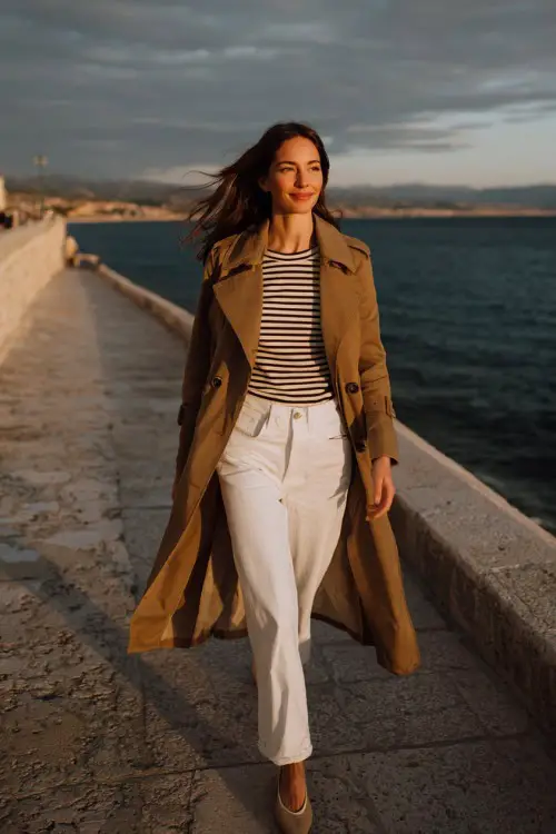 A woman wears a long trench coat over white trousers, Breton striped top, ballet flats, walking along a coastal promenade, full-body lifestyle fashion photography 
