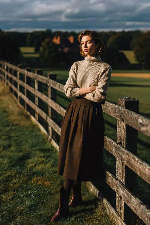 A woman wears a long wool skirt with a fitted knit sweater and Chelsea boots, standing beside an equestrian estate fence, full-body fashion photo, warm natural lighting