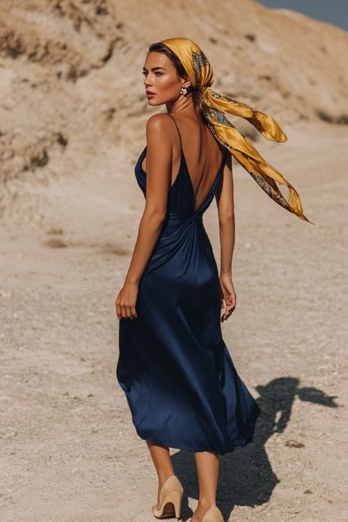A woman wears a navy silk midi dress with a fluid drape and low back, paired with kitten heels and a silk scarf tied as a headscarf
