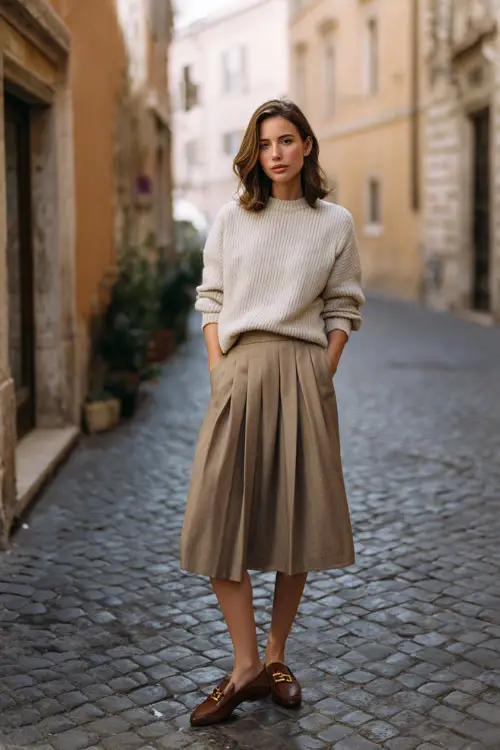 A woman wears a pleated wool midi skirt with a tucked cashmere sweater and classic leather loafers, standing on a quiet European street with soft morning light 