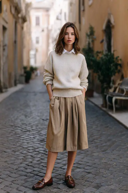 A woman wears a pleated wool midi skirt with a tucked cashmere sweater and classic leather loafers, standing on a quiet European street with soft morning light