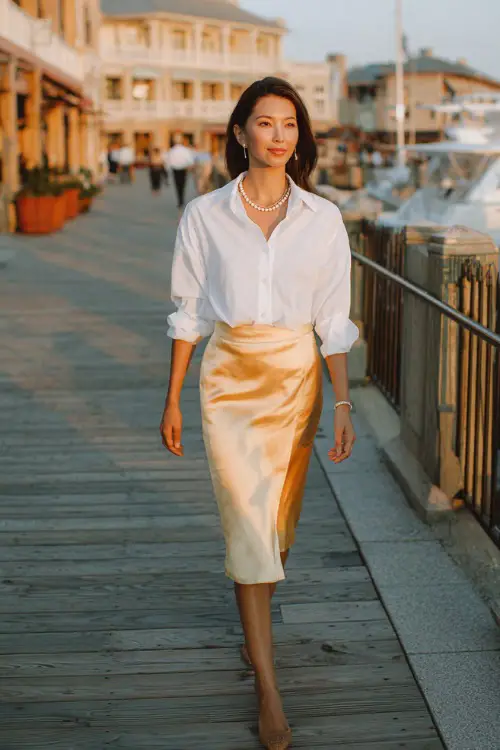 A woman wears a silk midi skirt with a crisp white button-down shirt and pearl accessories, walking along a marina boardwalk, full-body lifestyle photography