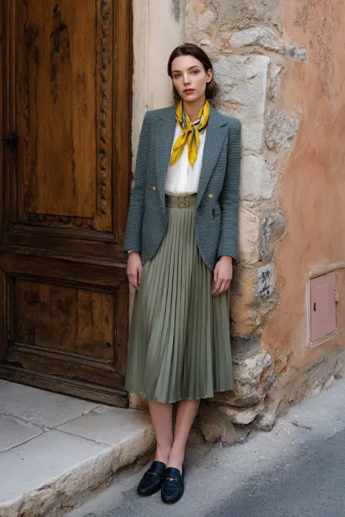 A woman wears a silk scarf tied at the neck with a tailored blazer, pleated midi skirt, and loafers, standing on a historic European street, full-body fashion photography
