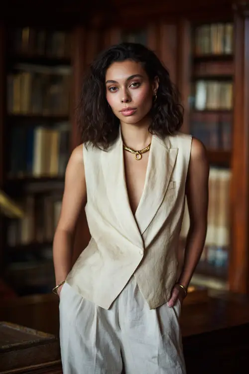 A woman wears a silk vest with matching trousers and minimal jewelry, posing in a vintage library, full-body editorial photography, diffused lighting, understated luxury style