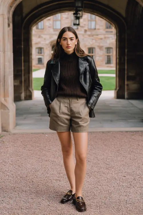 A woman wears a sleek leather jacket layered over a fine knit sweater and tailored shorts with loafers, photographed in a university courtyard, full-body lifestyle fashion photo