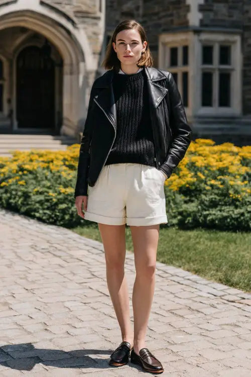 A woman wears a sleek leather jacket layered over a fine knit sweater and tailored shorts with loafers, photographed in a university courtyard