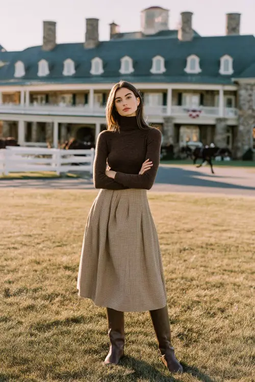 A woman wears a structured wool skirt with a turtleneck sweater and riding boots, posed in an equestrian estate setting, full-body fashion photography