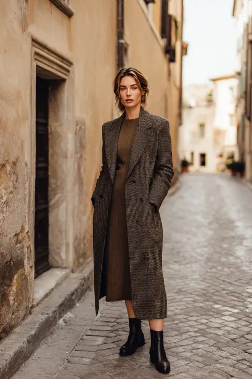 A woman wears a tailored wool coat over a midi knit dress paired with classic leather Chelsea boots, standing on a quiet European street, full-body fashion photography 