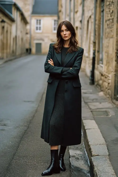 A woman wears a tailored wool coat over a midi knit dress paired with classic leather Chelsea boots, standing on a quiet European street, full-body fashion photography