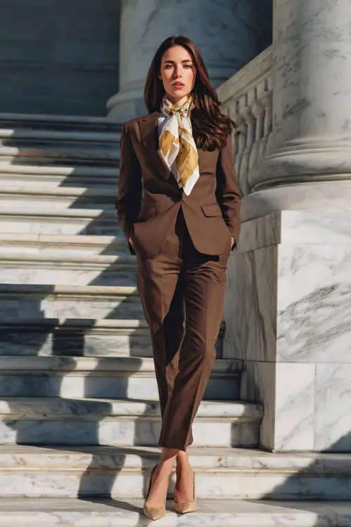 A woman wears a tailored wool suit styled with a silk neck scarf and low heels, standing on grand marble steps, full-body editorial portrait, cinematic lighting