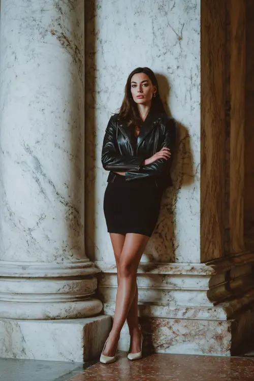 A woman wears a vintage leather jacket over a knit dress styled with ballet flats, standing beside marble columns, full-body editorial photography, diffused lighting