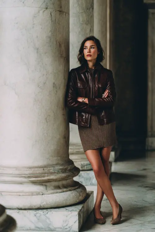 A woman wears a vintage leather jacket over a knit dress styled with ballet flats, standing beside marble columns, full-body editorial photography
