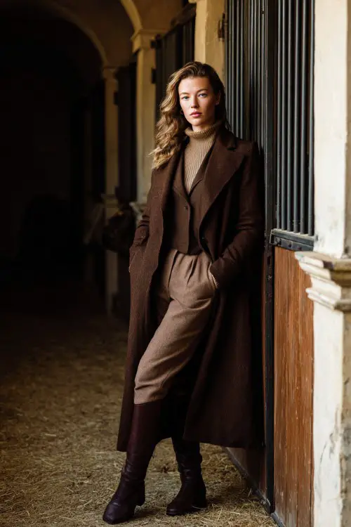 A woman wears an equestrian-inspired long coat layered over tailored riding pants, fitted knit top, leather boots, standing near a stable estate, full-body fashion photography 