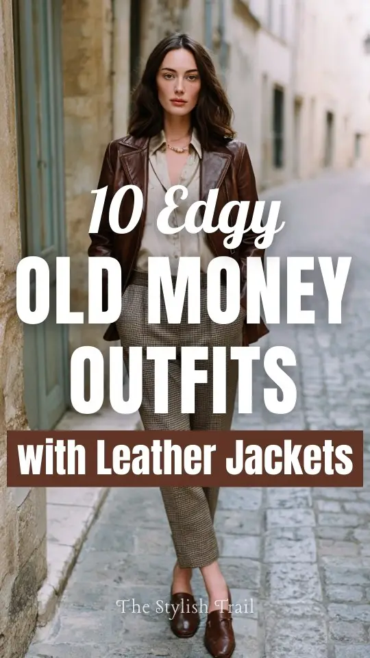 A woman wears an old money outfit with a leather jacket over a silk blouse with tailored trousers and loafers