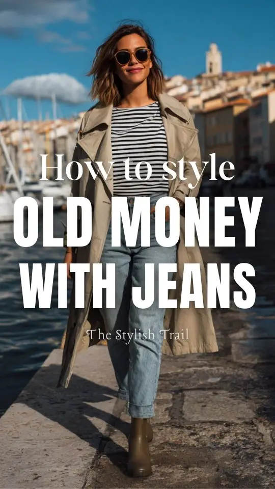 A woman wears an old money outfit with jeans with a Breton striped top, trench coat, Chelsea boots
