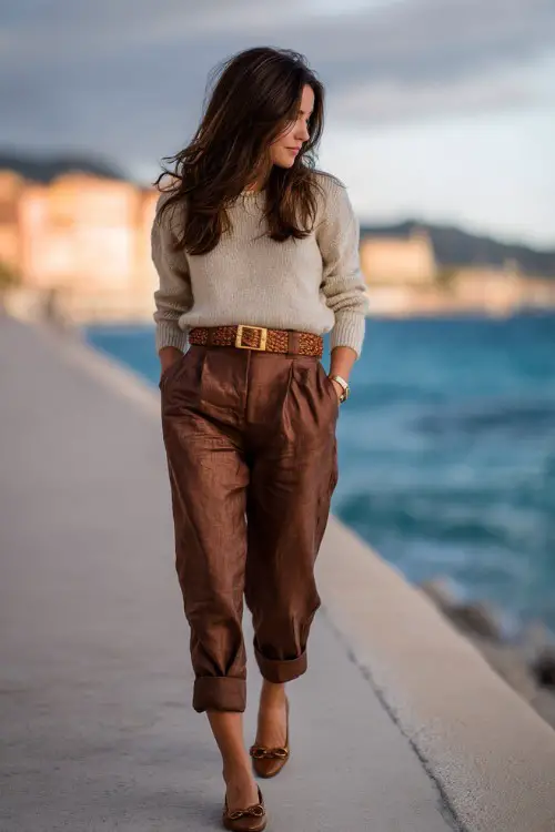 A woman wears chocolate brown linen pants with a lightweight knit sweater, woven belt, ballet flats, walking along a coastal promenade, full-body lifestyle fashion photography