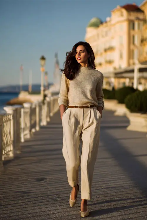 A woman wears linen trousers with a lightweight knit sweater, woven belt, ballet flats, walking along a coastal promenade, full-body lifestyle fashion photography 