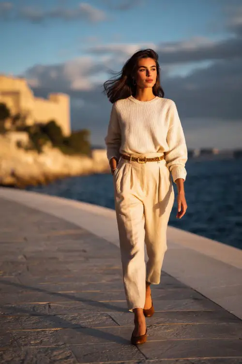 A woman wears linen trousers with a lightweight knit sweater, woven belt, ballet flats, walking along a coastal promenade, full-body lifestyle fashion photography