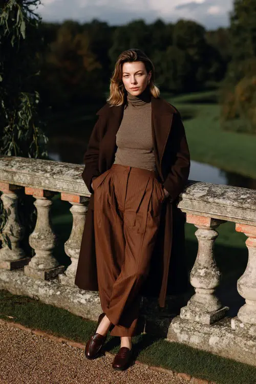 A woman wears pleated brown wool trousers with a fine knit turtleneck, long coat, leather loafers, styled in an autumn park setting, full-body fashion photography