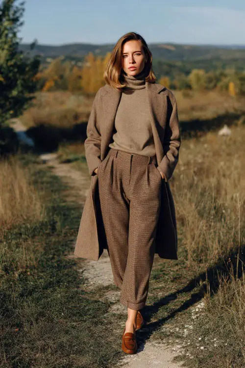 A woman wears pleated wool trousers with a fine knit turtleneck, long coat, leather loafers, styled in an autumn park setting, full-body fashion photography