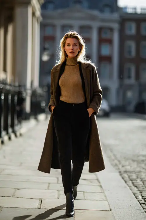 A woman wears slim black trousers with a fine knit turtleneck, long wool coat, and Chelsea boots, walking along a classic city avenue, full-body lifestyle fashion photography