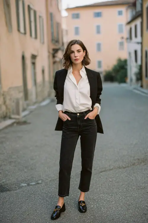A woman wears straight-leg dark jeans with a crisp white button-down shirt, tailored blazer, loafers, standing on a quiet European street, full-body fashion photography 