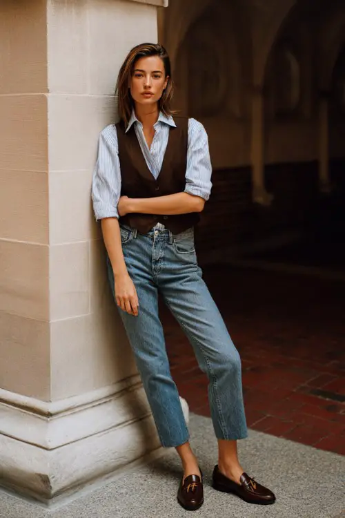 A woman wears straight-leg jeans with a classic vest, button-down shirt, leather loafers, photographed in a university courtyard, full-body editorial fashion photography 
