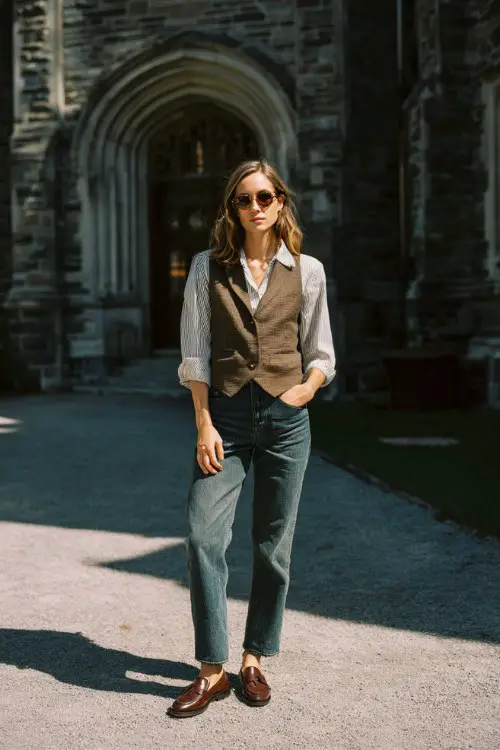 A woman wears straight-leg jeans with a classic vest, button-down shirt, leather loafers, photographed in a university courtyard, full-body editorial fashion photography 