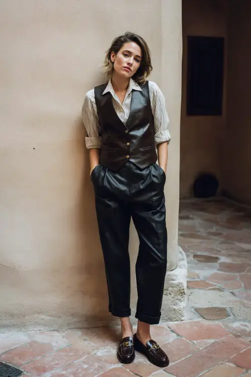 A woman wears structured black pants with a classic vest, button-down shirt, and leather loafers, photographed in a quiet courtyard, full-body editorial fashion photography