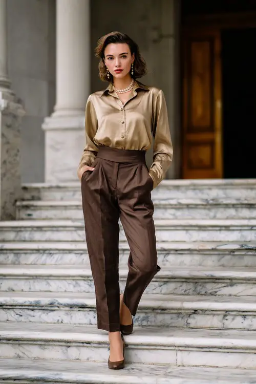 A woman wears structured brown pants with a silk blouse, pearl accessories, low heels, standing on marble steps of a historic building, full-body fashion photography