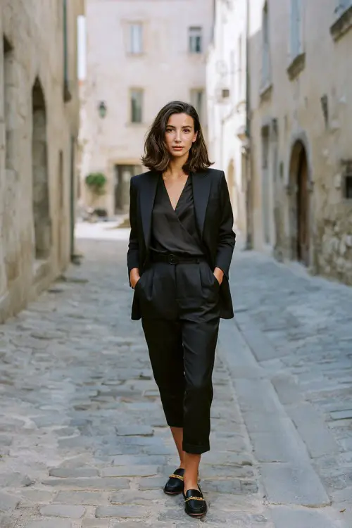 A woman wears tailored black trousers with a silk blouse, structured blazer, and loafers, standing on a quiet European street, full-body fashion photography