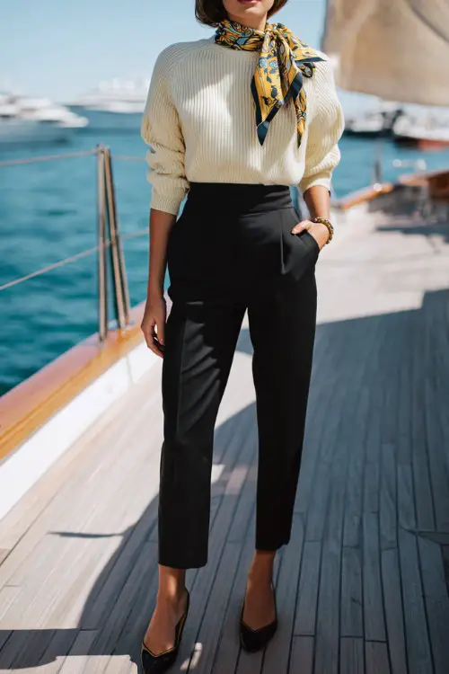 A woman wears tailored black trousers with a silk scarf, lightweight sweater, and low heels, posing on a yacht deck, full-body lifestyle fashion photo