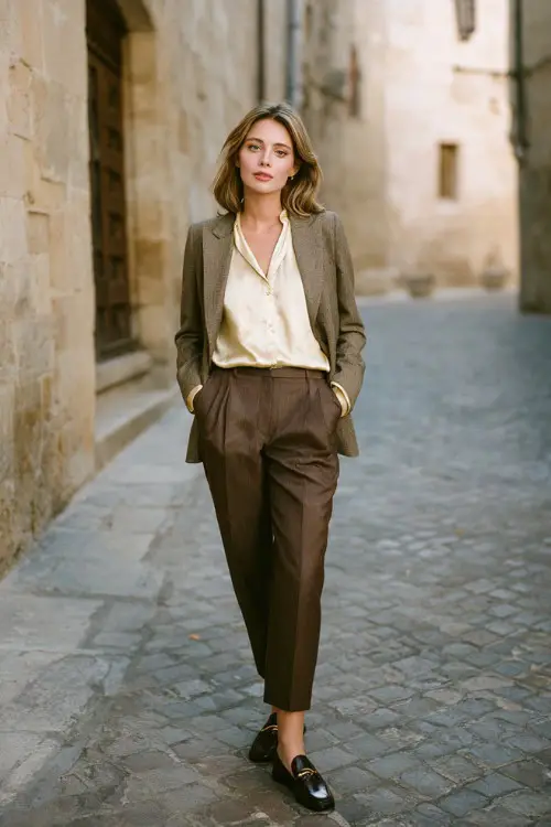 A woman wears tailored brown trousers with a silk blouse, structured blazer, loafers, standing on a historic European street, full-body fashion photography
