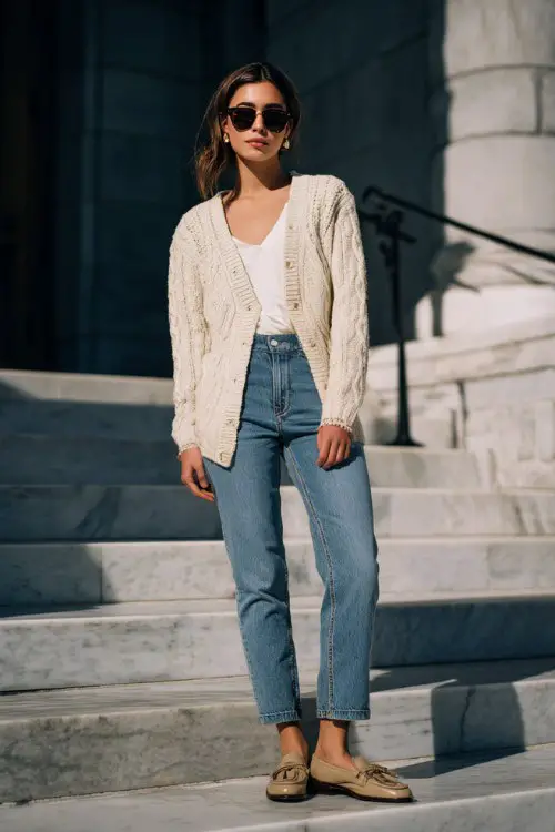 A woman wears tailored jeans with a fine knit cardigan, pearl accessories, loafers, standing on marble steps of a heritage building, full-body fashion photography