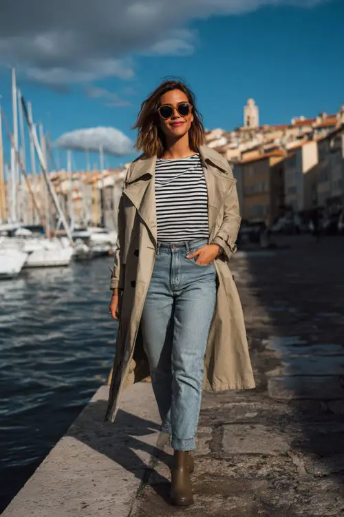 A woman wears tailored light-wash jeans with a Breton striped top, trench coat, Chelsea boots, walking along a marina promenade, full-body lifestyle photography