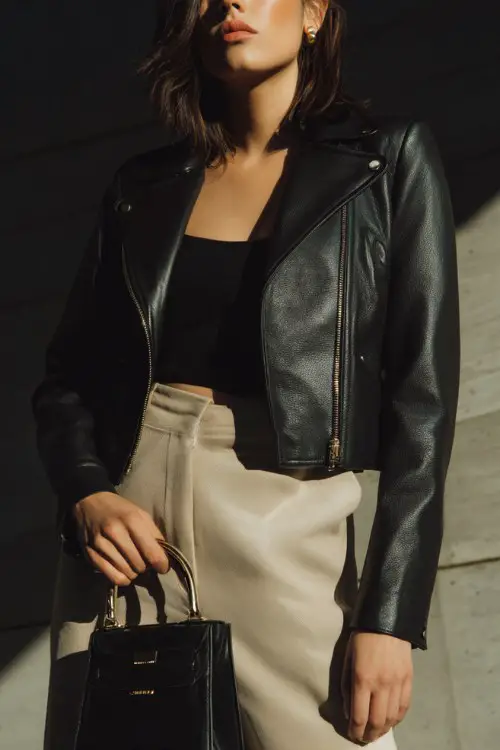 minimal luxury outfit, black leather jacket, monochrome beige outfit underneath, structured handbag, clean lines