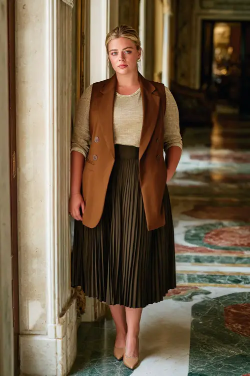 A plus-size woman wears a structured long vest layered over a knit top with a pleated midi skirt and slingback heels, photographed in a grand hotel hallway
