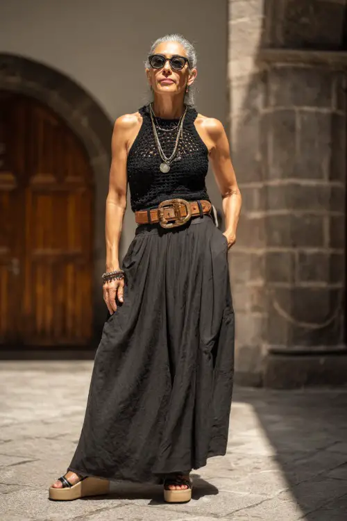 A woman over 40 wears a black crochet top paired with a flowy maxi skirt and a wide leather belt, styled with platform sandals and layered necklaces