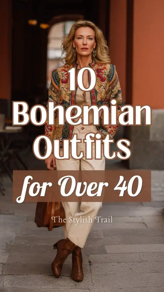 A woman over 40 wears a bohemian outfit with a structured boho jacket with embroidery over a neutral outfit with straight-leg pants